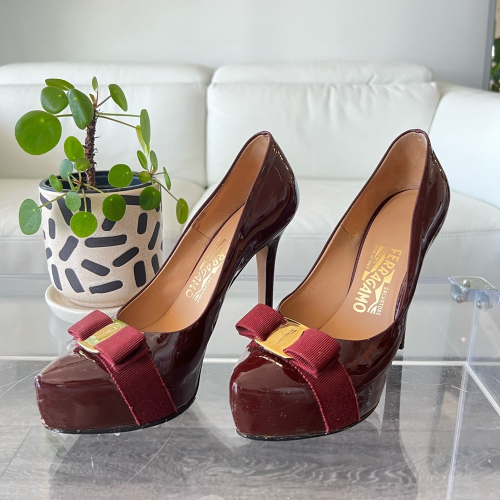 Salvatore Ferragamo Patent Leather Vera Bow Pump Heels